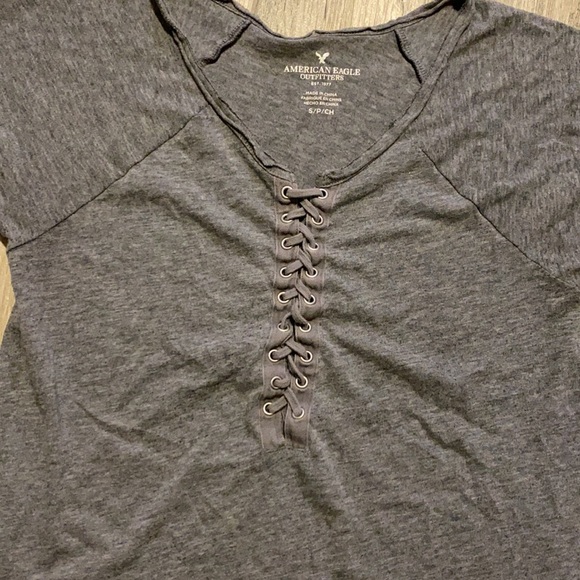America Eagle Grey Lace up short sleeve top EUC - Picture 2 of 5